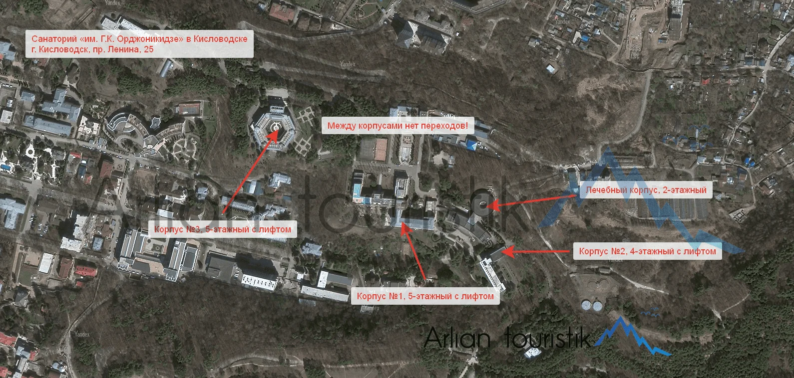 Расположение корпусов санатория «им. Г.К. Орджоникидзе» (Кисловодск) План-схема, инфраструктура.