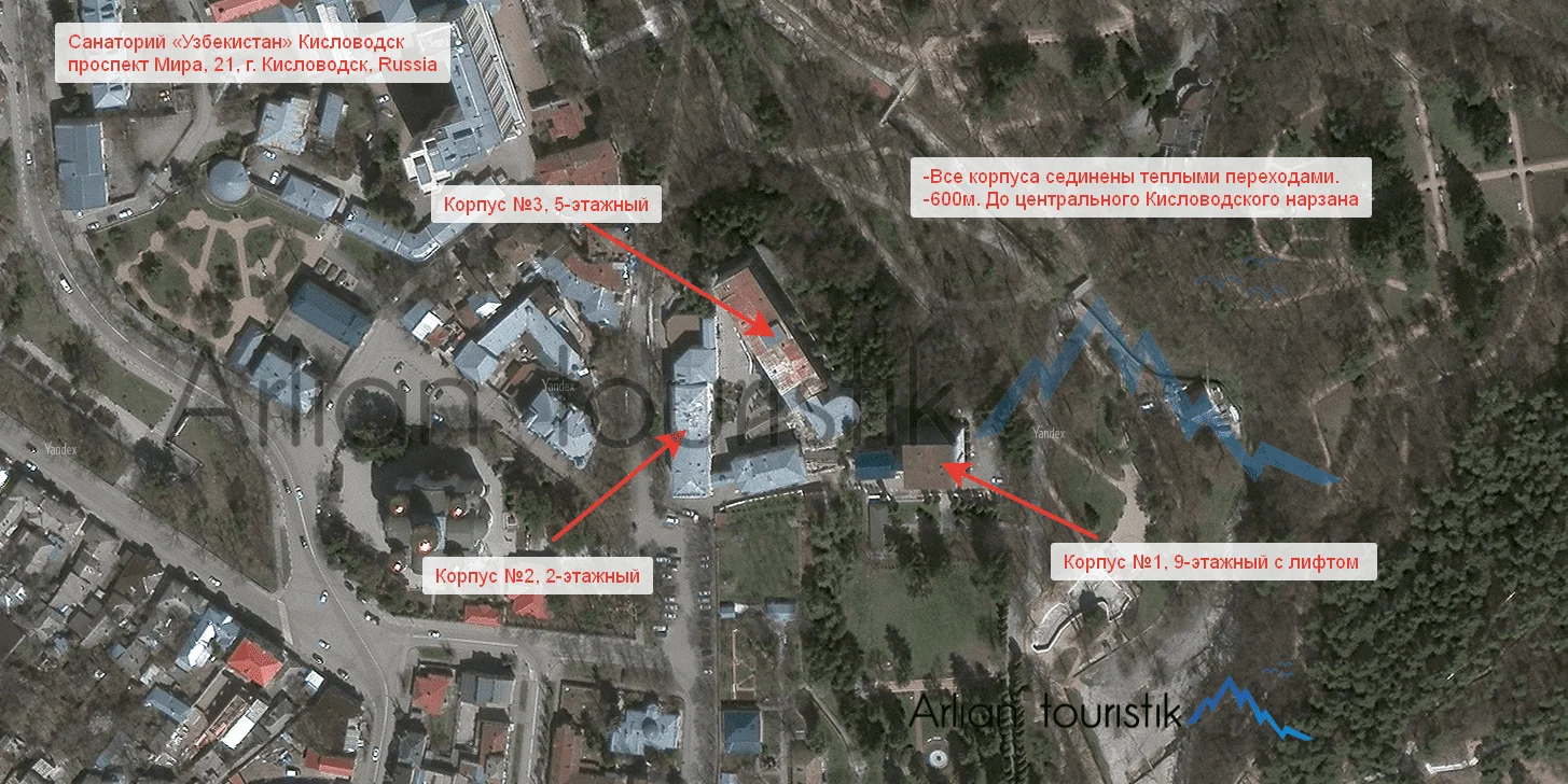 Расположение корпусов санатория «Узбекистан » (Кисловодск) План-схема, инфраструктура.